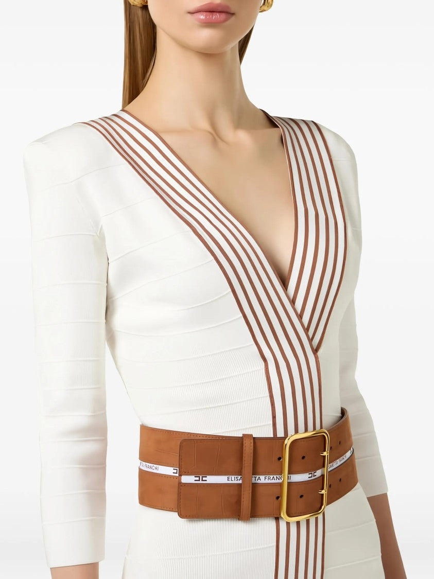 Elisabetta Franchi Fitted White Brown Stripe Belted Dress