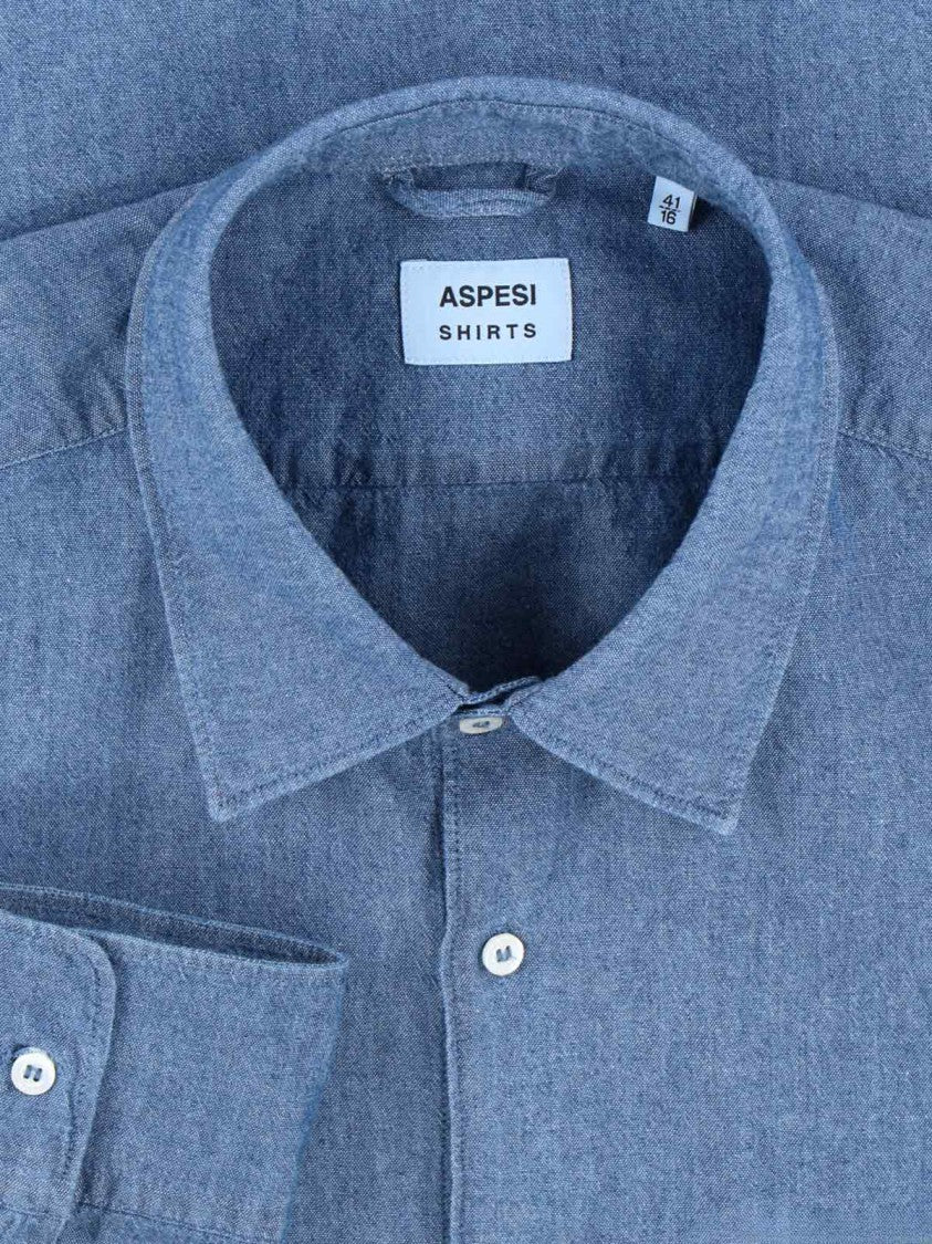 Aspesi Classic Blue Denim Shirt With Button-Down Collar