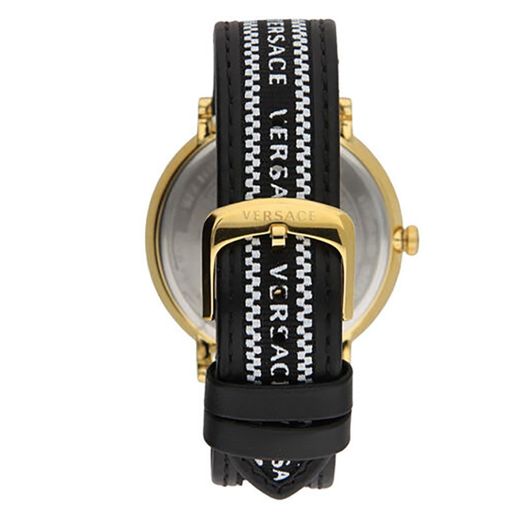 Versace Gold-Tone Stainless Steel Versace V-Circle Watch With Black Leather Strap