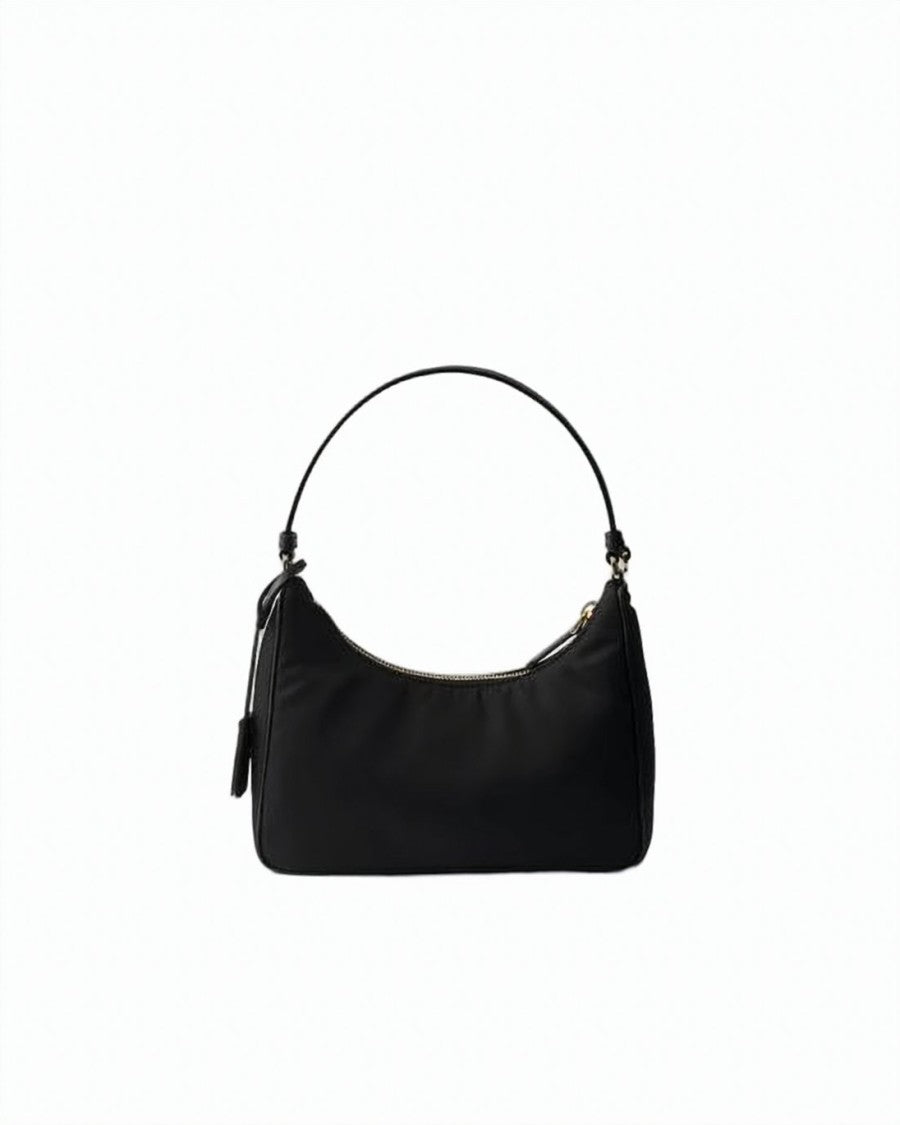 Prada Compact Black Polyamide Shoulder Bag With Leather Strap And Gold-Tone Hardware
