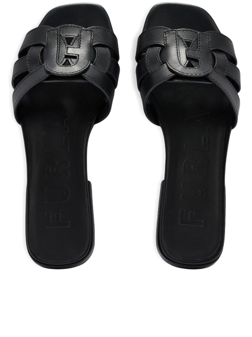 Furla Summer Sandalo Flat Black Leather Cut-Out Sandals