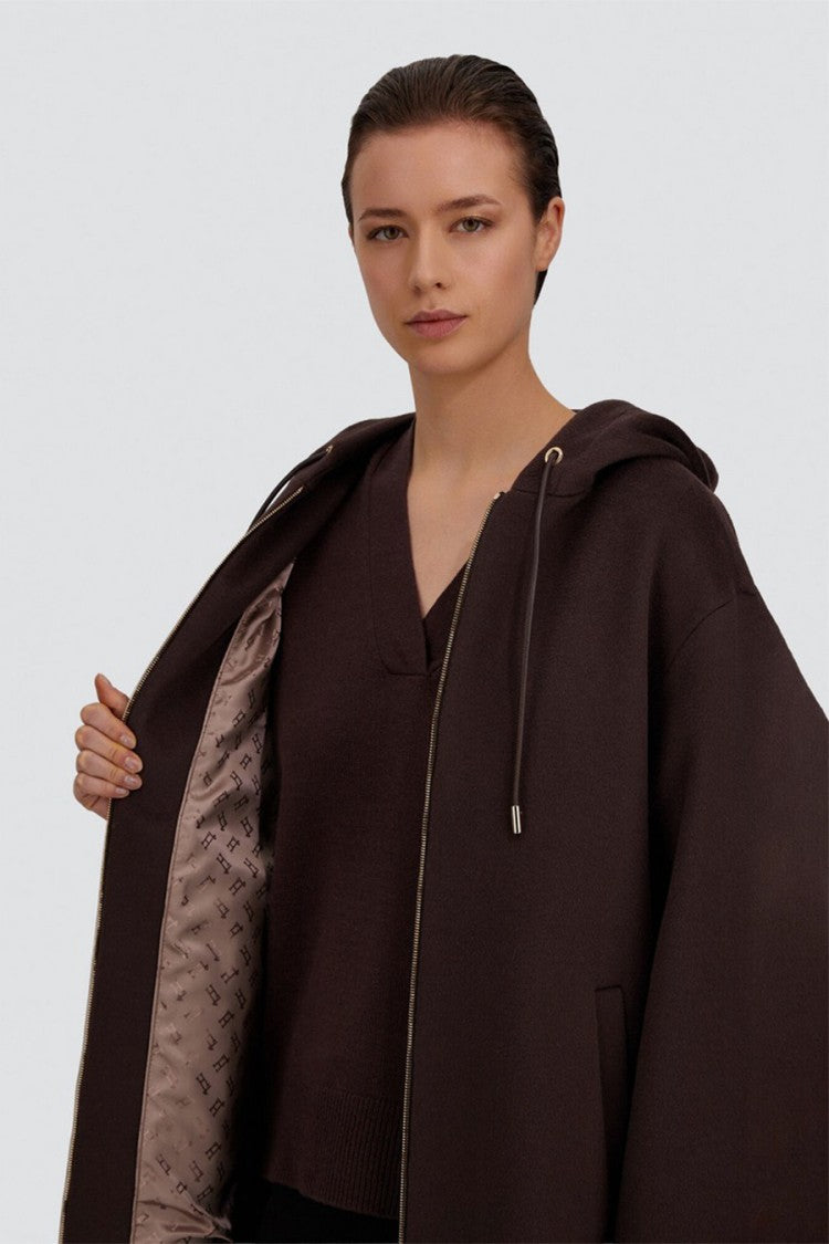 Herno Brown Wool Drawstring-Hood Swing Jacket
