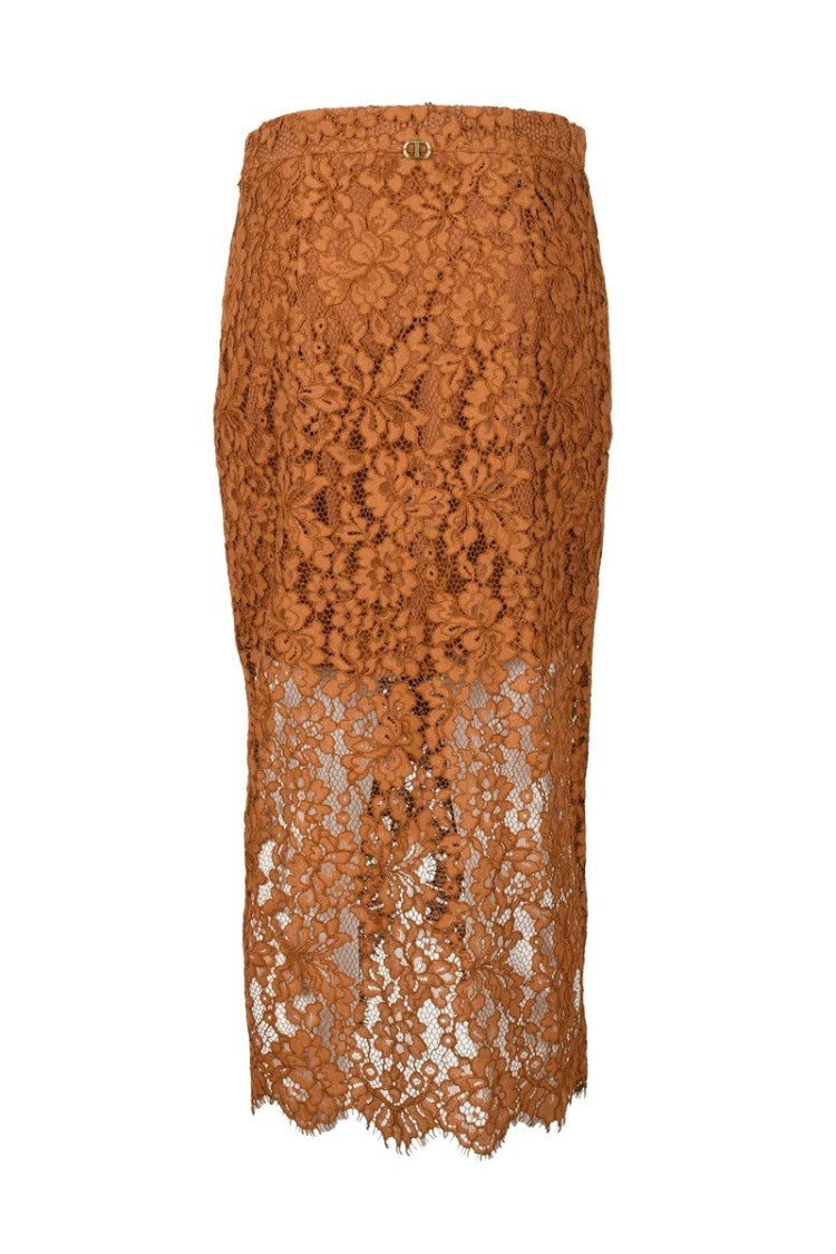 Twin-Set Midi Skirt Lace Viscose Cotton Polyamide - Brown