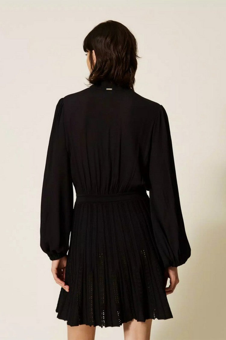 Twin-Set Black Polyamide-Viscose Blend Tie-Neck Pleated Dress