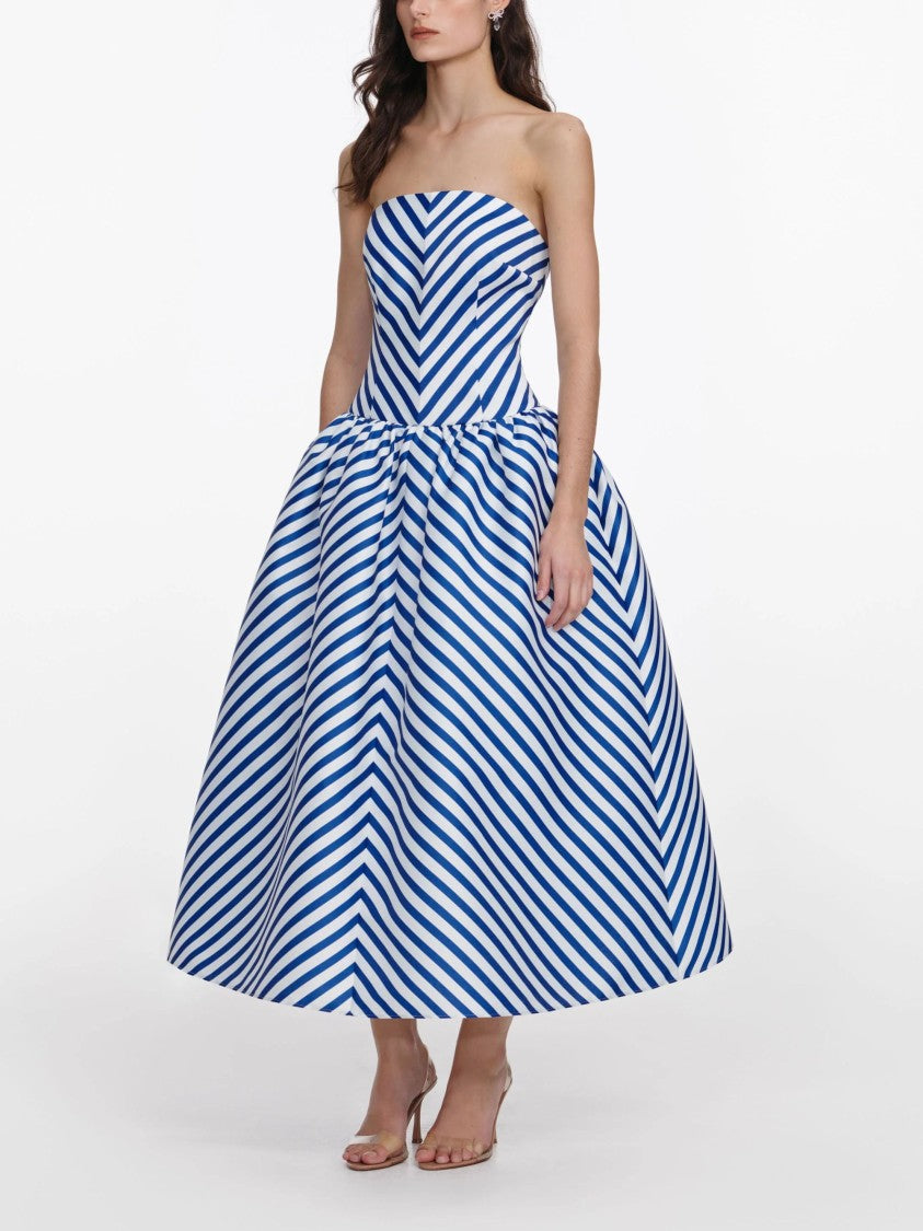 Self-Portrait Chevron-Pattern Midi Dress In Blue Taffeta
