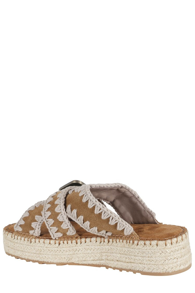 Mou Cognac Jute Crochet Trim Adjustable Strap Suede Sandals