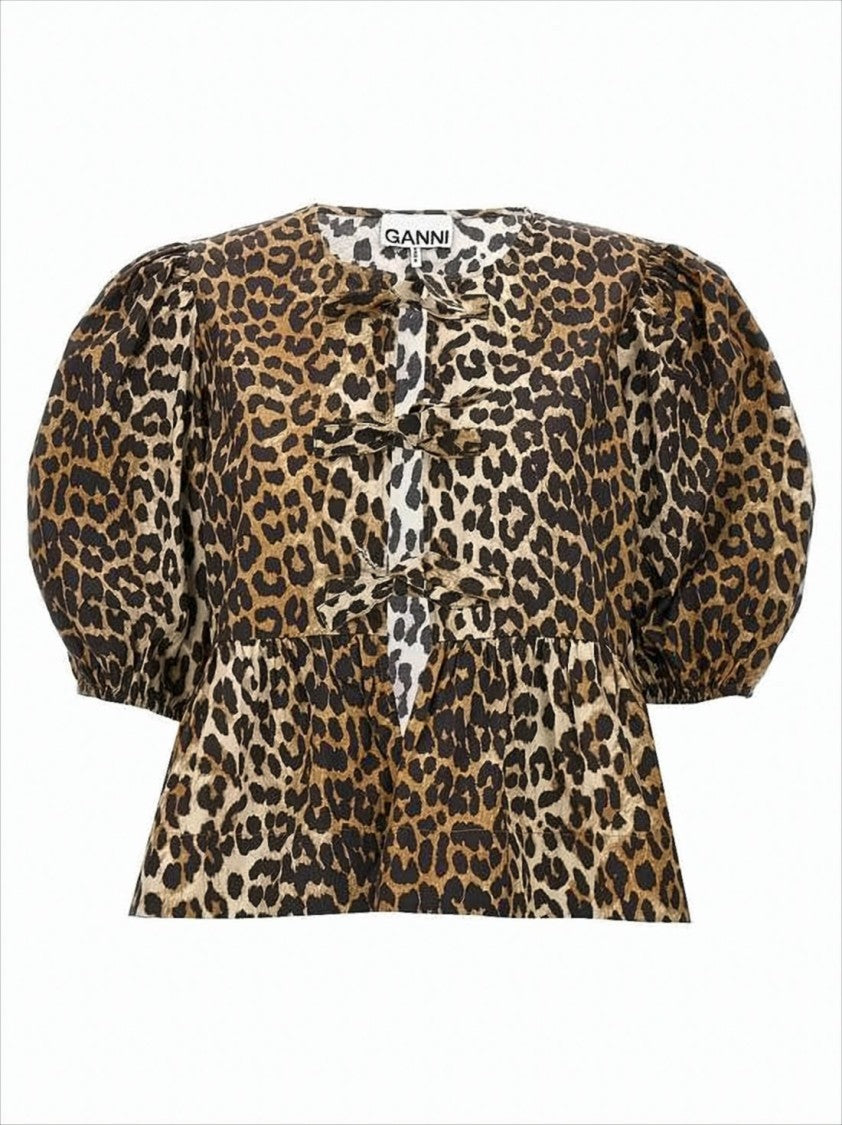 Ganni Leopard Print Blouse With Puff Sleeves And Peplum Hem
