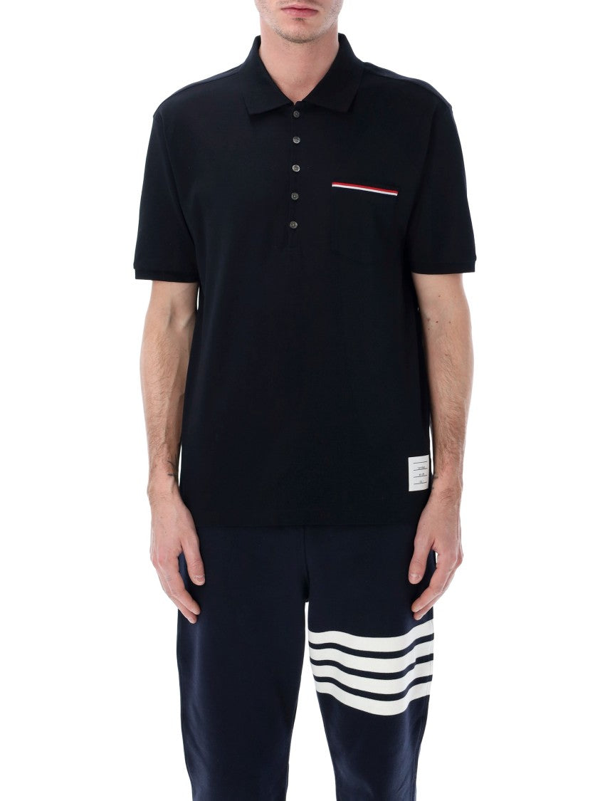 Thom Browne Mercerized Piqué Polo With Tricolor Pocket And Grosgrain Details