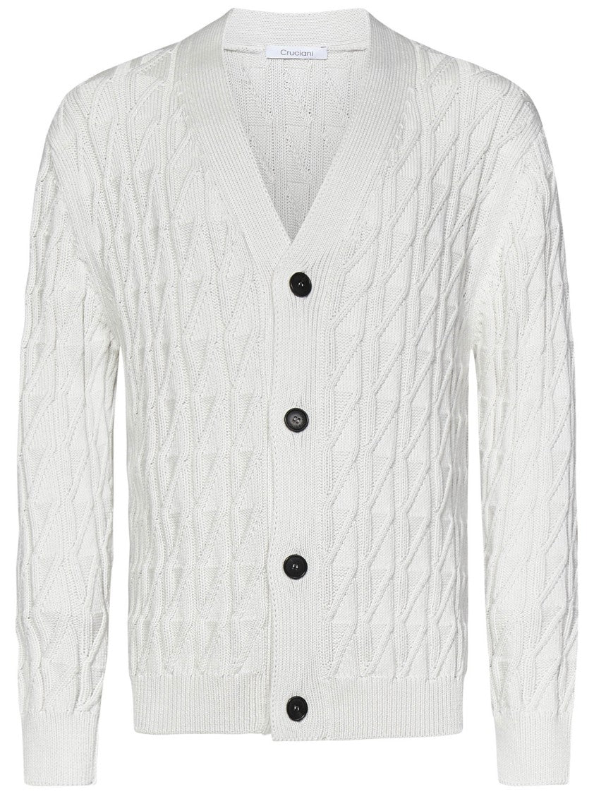Cruciani White Cardigan With Jacquard Diamond Pattern