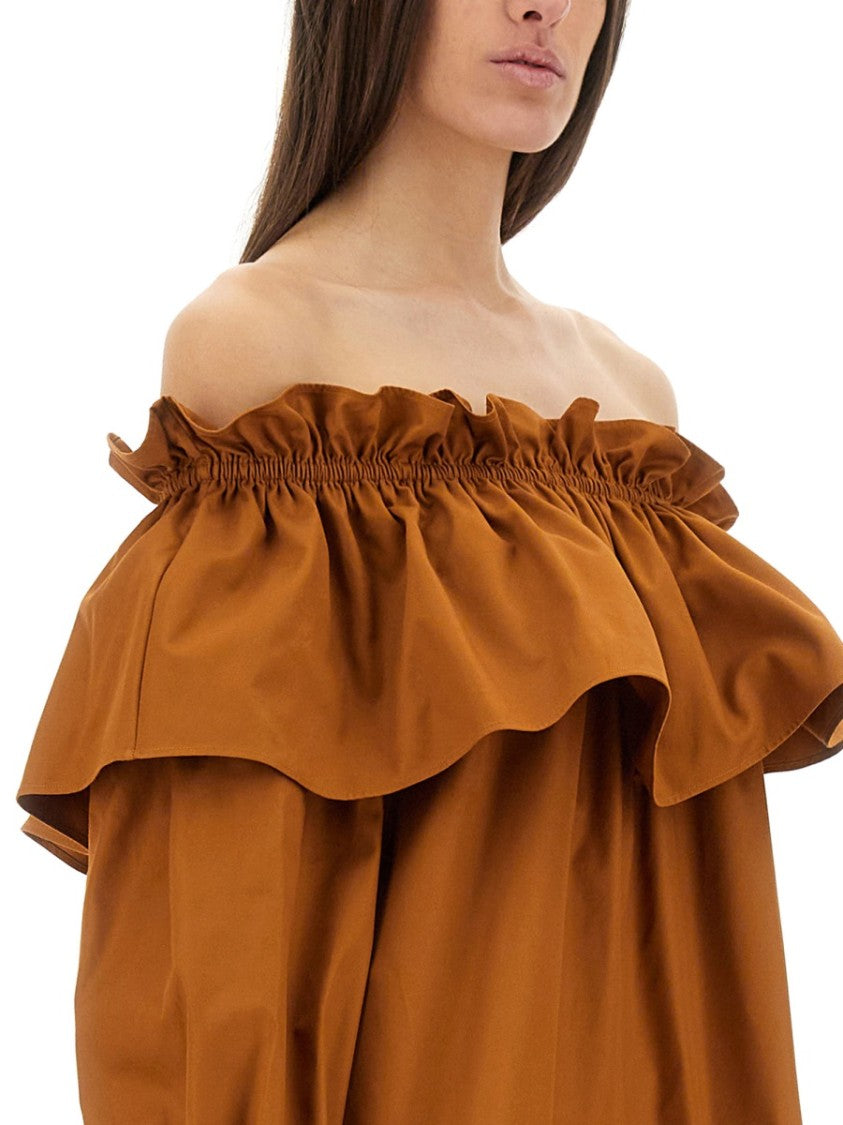 Saint Laurent Off-The-Shoulder Ruffled Sleeve Mini Dress