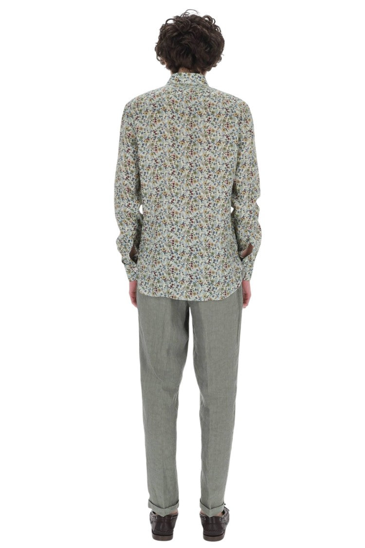 Borriello Green Flower Pattern Linen Casual Shirt