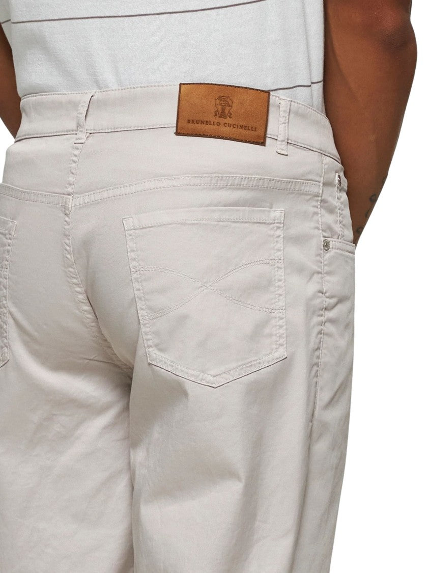 Brunello Cucinelli Beige Embroidered Logo Cotton Formal Pants