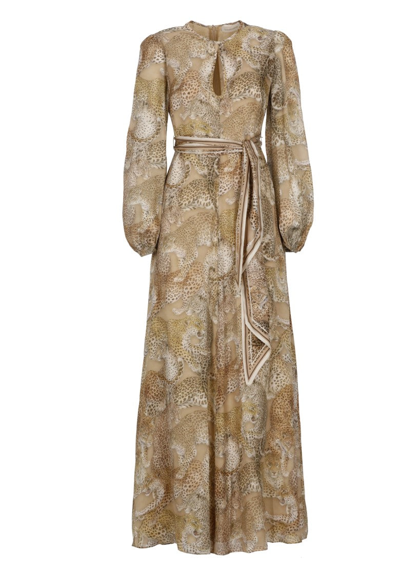 Zimmermann Animal Print Midi Dress With Puffed Sleeves And Matching Belt