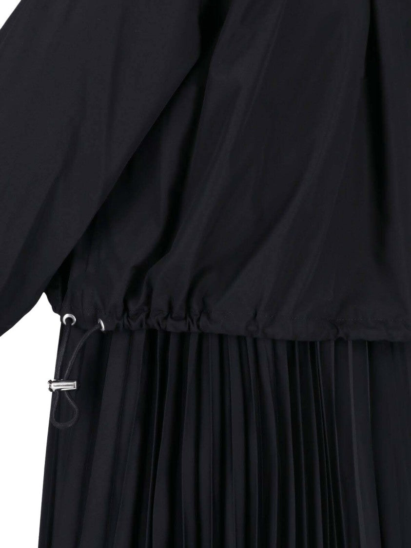 Sacai Pleated Black Midi Dress With Classic Collar