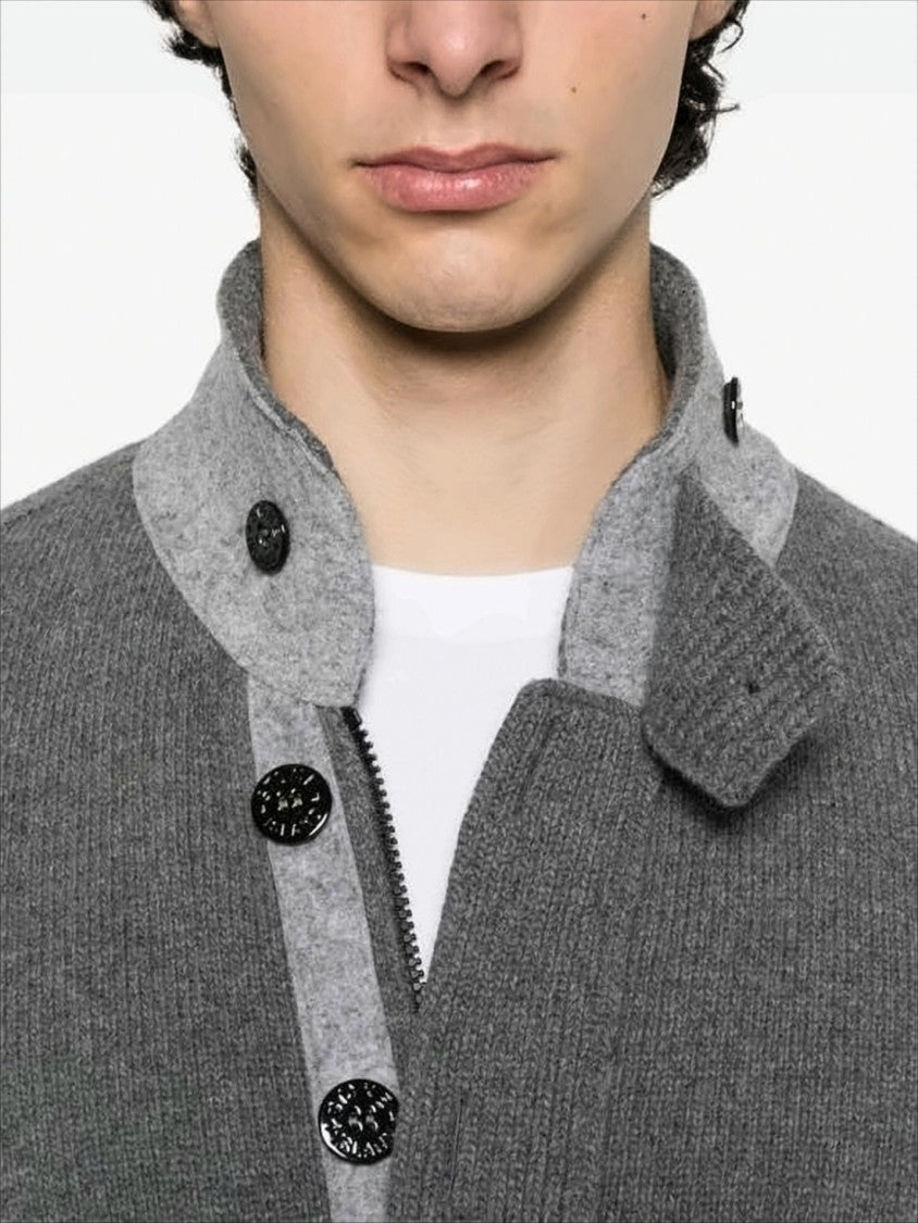 Stone Island Soft Grey Knit Cardigan With Button-Up Front And Signature Patch