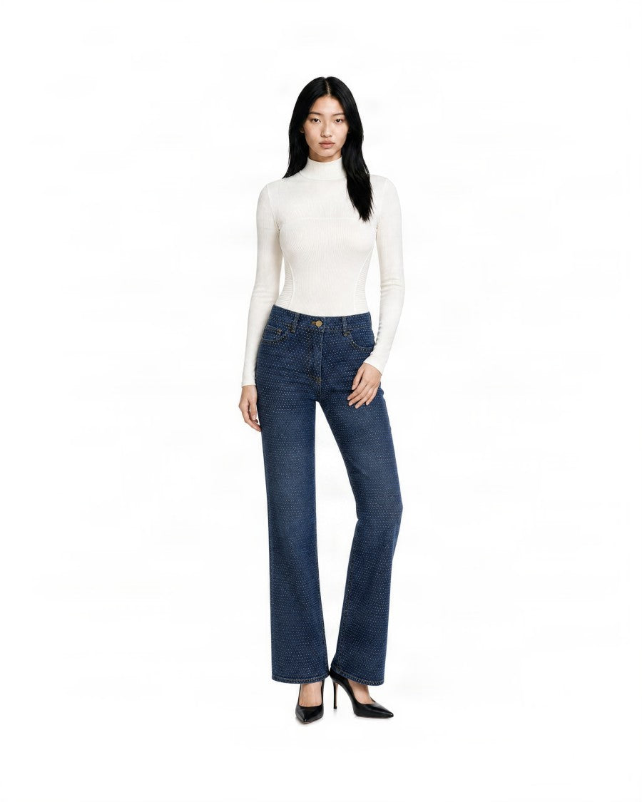 Elisabetta Franchi Dark Blue Rhinestone High-Waisted Wide-Leg Jeans