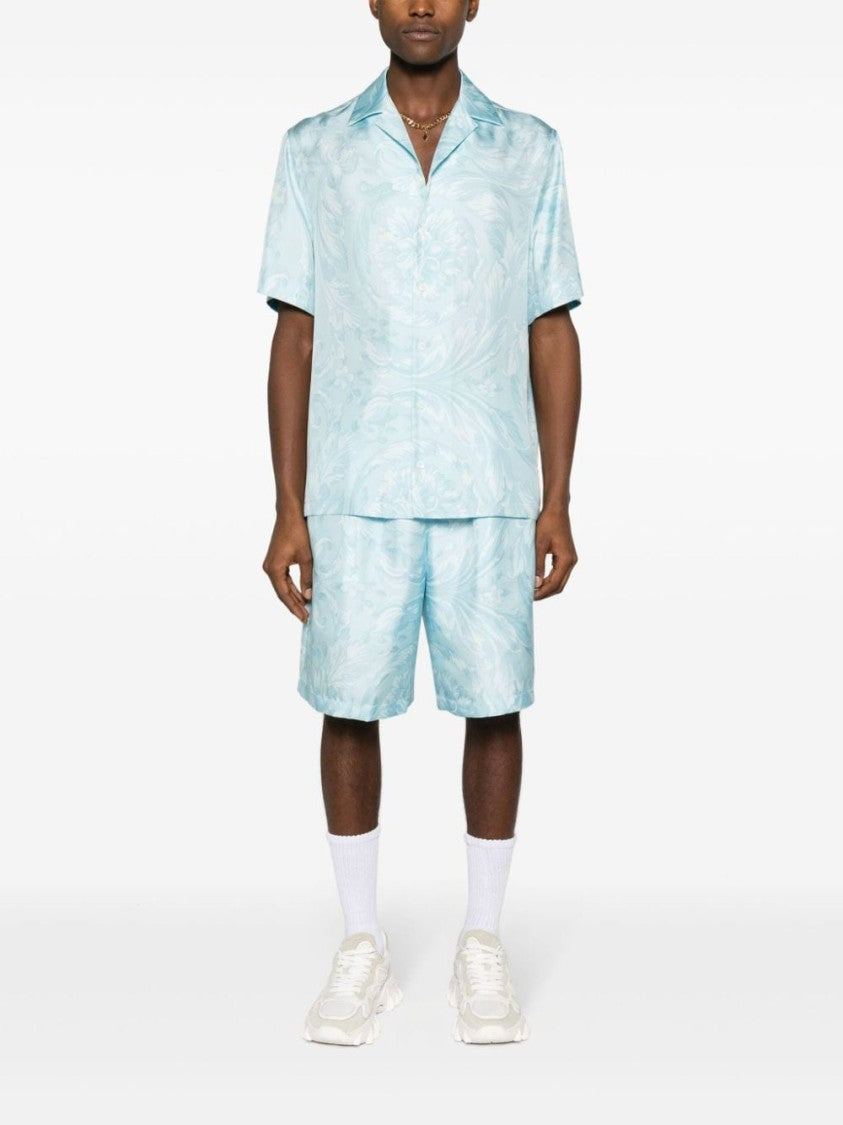 Versace Thigh-Length Baby Blue Silk Satin Shorts