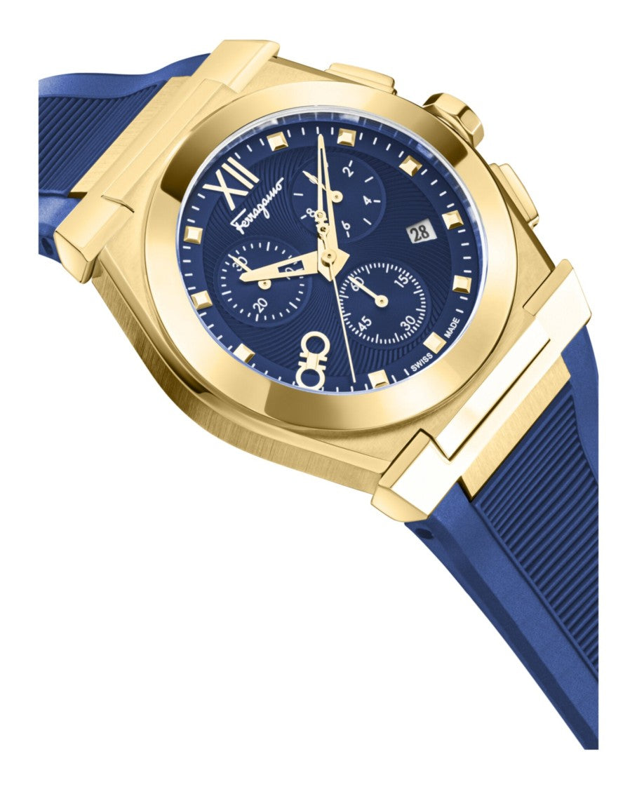Ferragamo Vega Chrono Silicone Watch With Blue Guilloche Dial