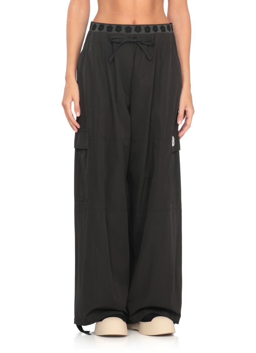 Kenzo Relaxed Fit Black Cotton Blend Pants With Logo Accents