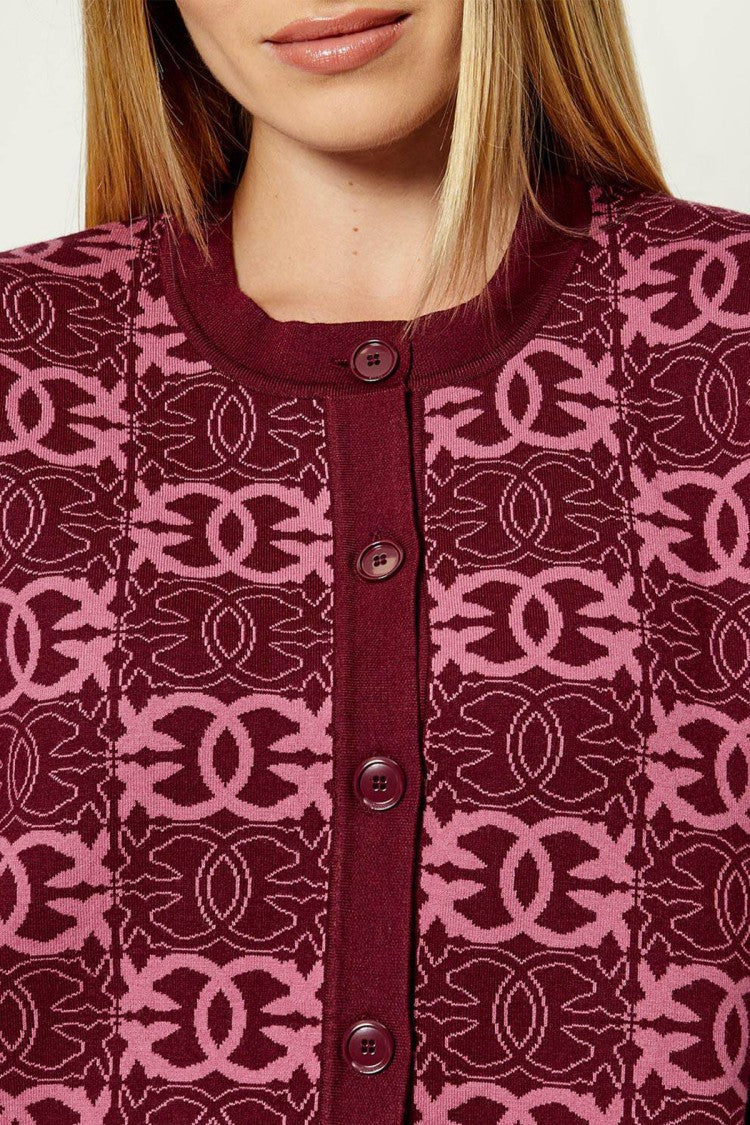 Pinko Burgundy Logo Jacquard Button-Front Polyester-Blend Cardigan