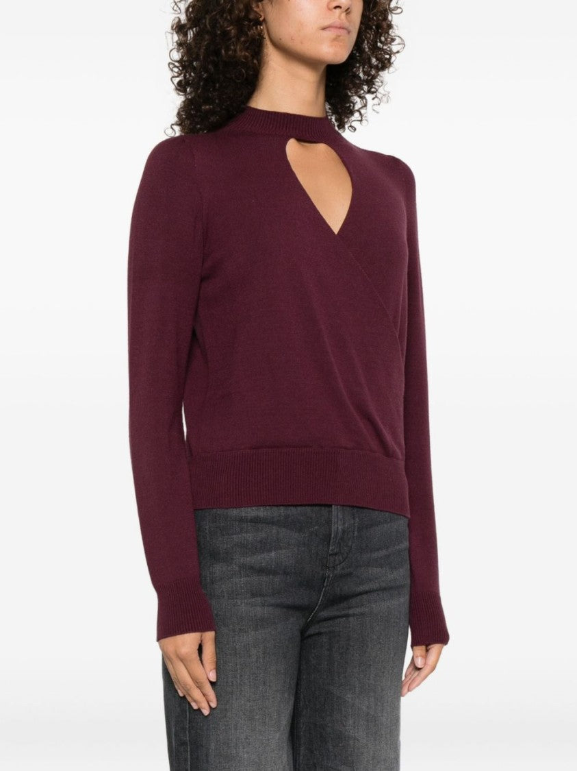 Twin-Set Burgundy Knit Sweater With Keyhole Neck And Ribbed Hem