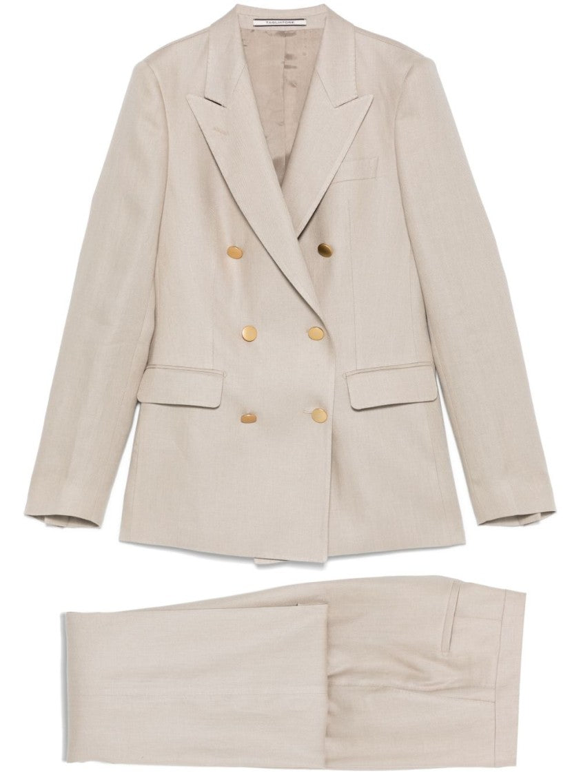 Tagliatore Tailored Double-Breasted Taupe Suit With Gold Buttons