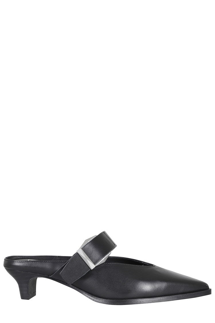 Ash Black Tessa Buckled Wooden-Heel Leather Mules