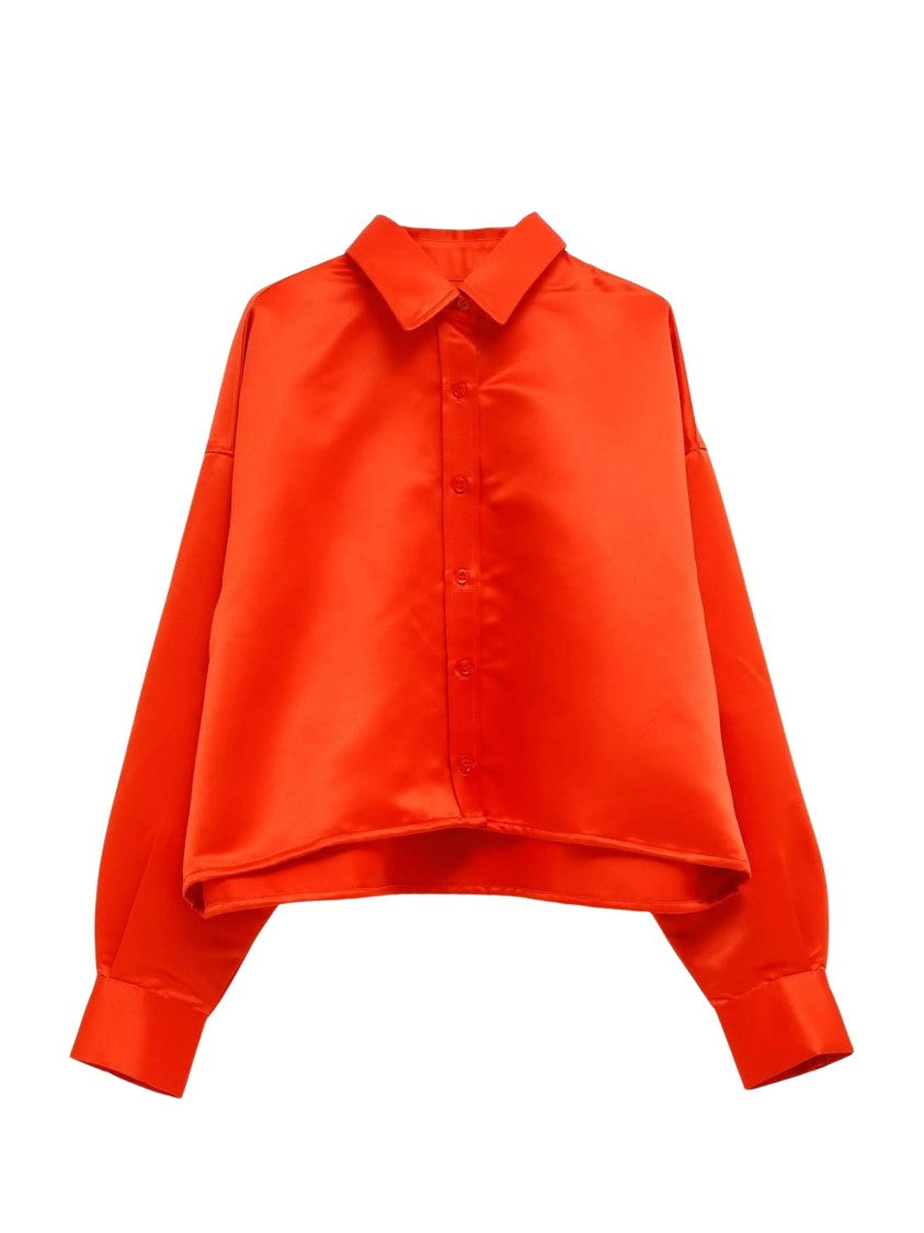 The Frankie Shop Red Cropped Curved Hem Cotton Shirt