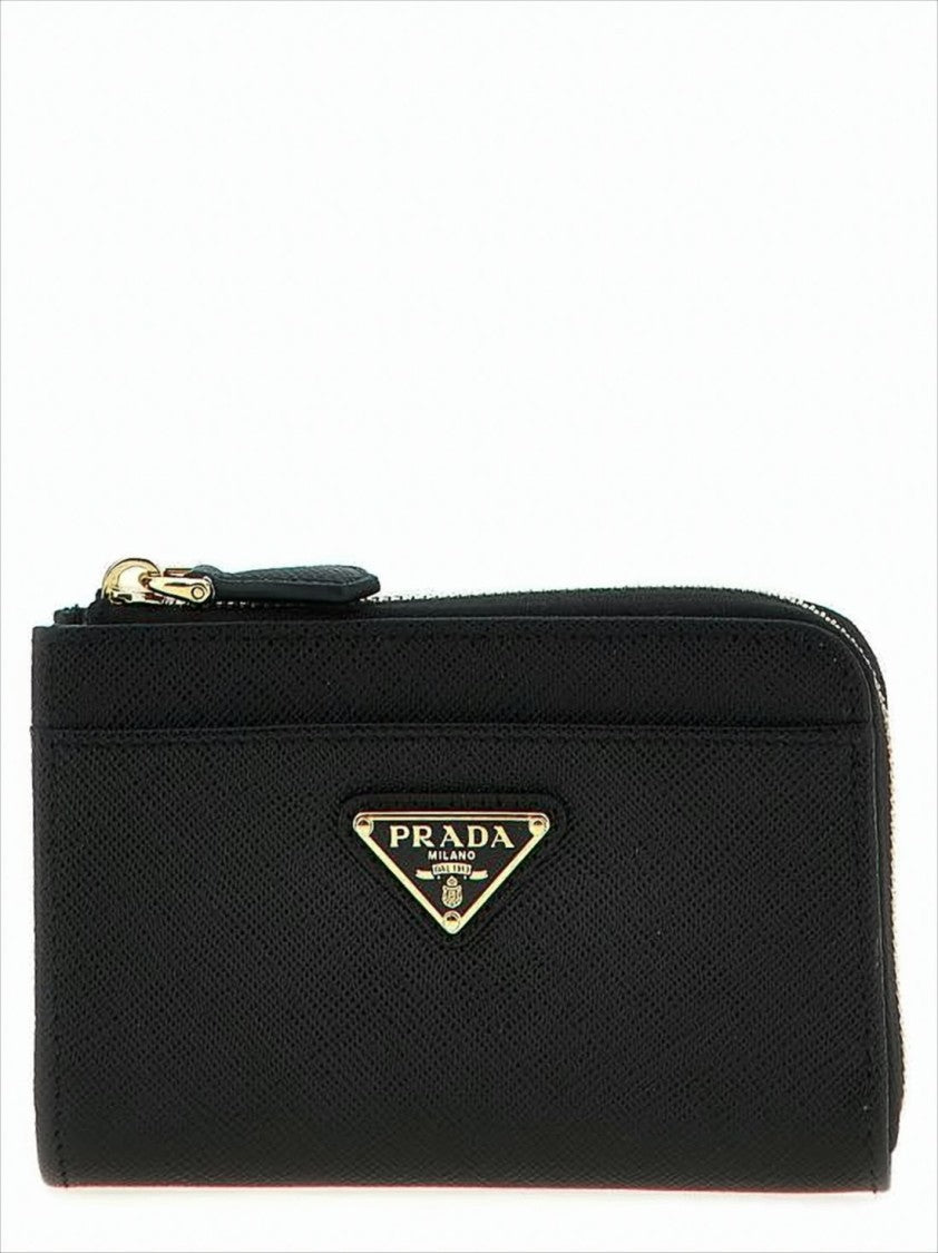 Prada Textured Calf Leather Card Wallet With Zip Closure And Gold-Tone Hardware