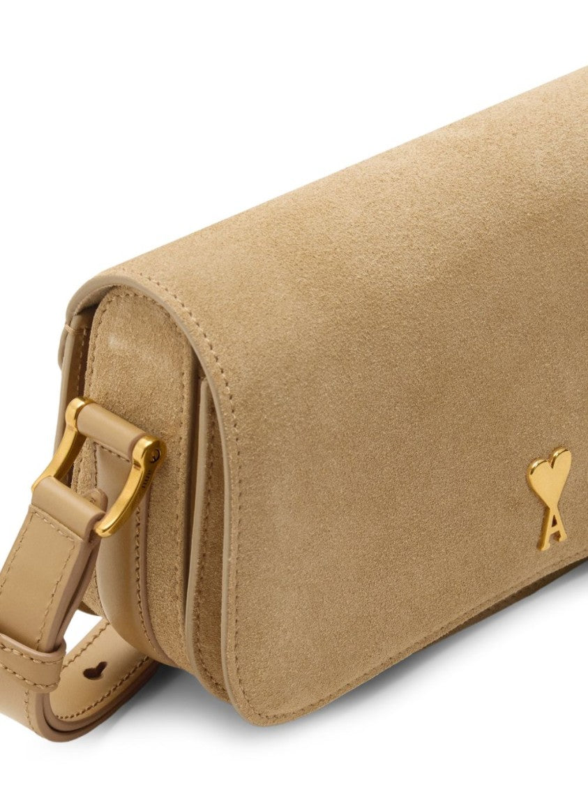 Ami Paris Beige Suede Gold Tone Plaque Bag