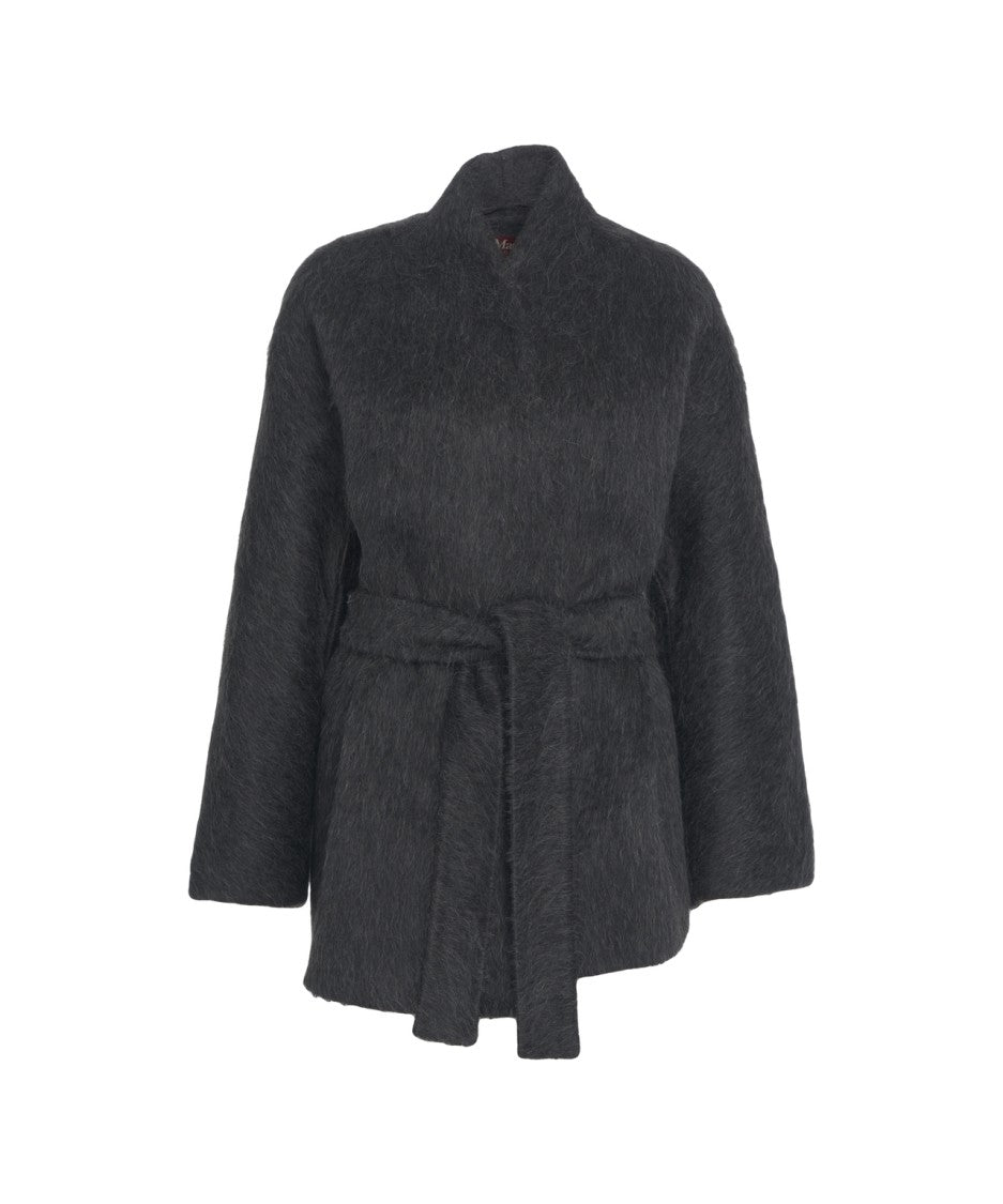 Max Mara Tailored Black Wool Blend Coat With High Collar And Matching Belt