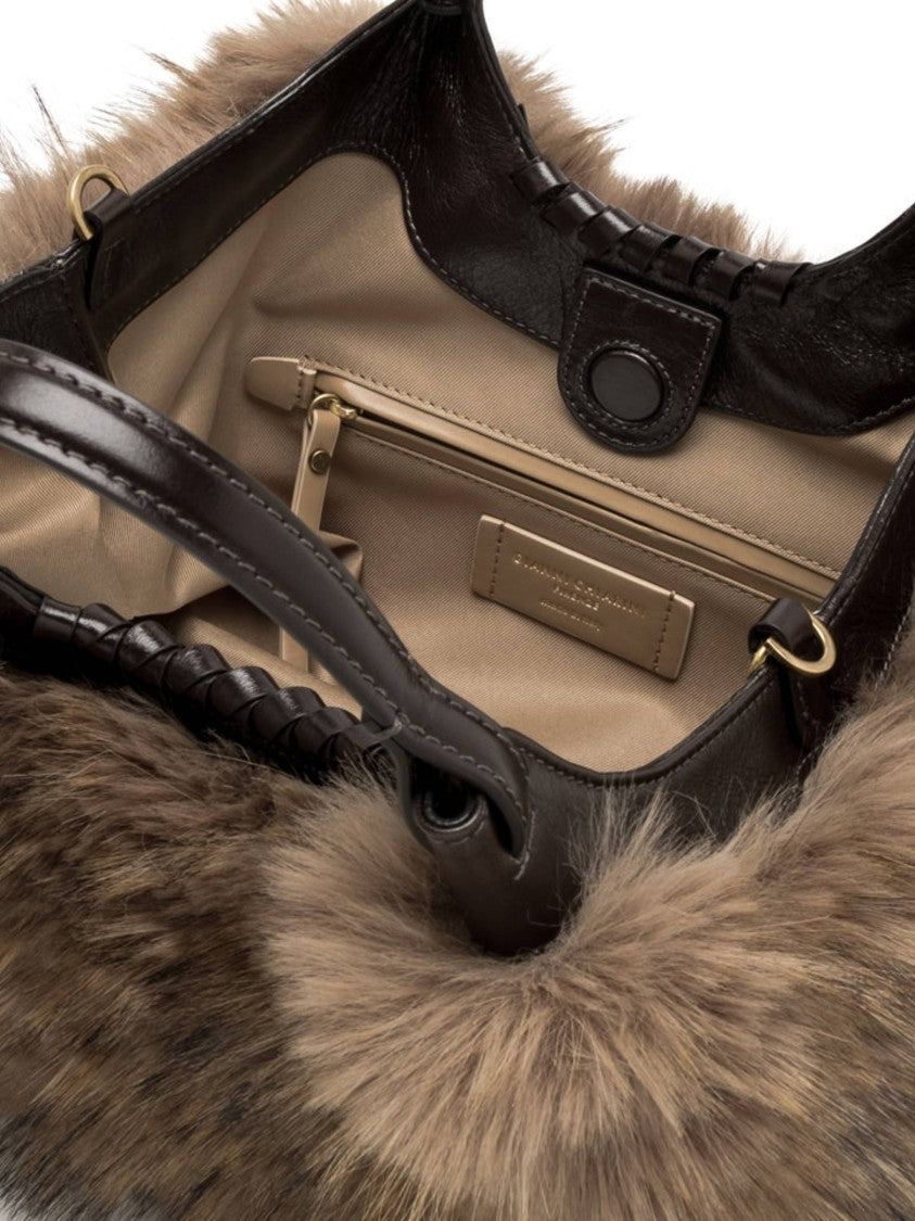 Gianni Chiarini Plush Brown Fur Shoulder Bag With Leather Accents