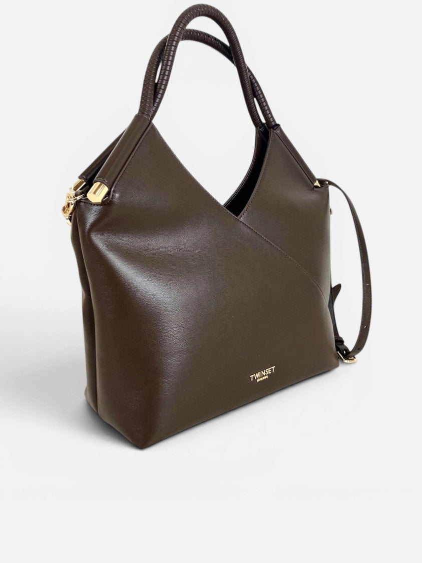 Twin-Set Structured Brown Polyurethane Tote Bag With Textured Handles