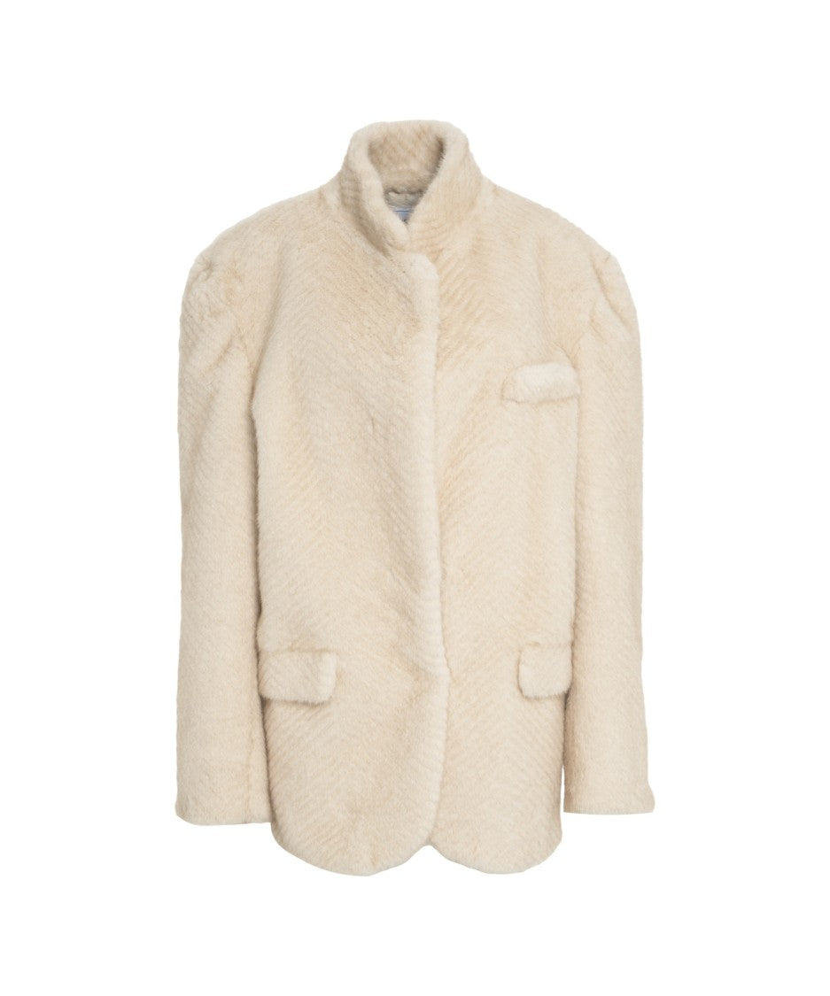Forte Dei Marmi Couture Structured Beige Faux Fur Jacket With Houndstooth Pattern