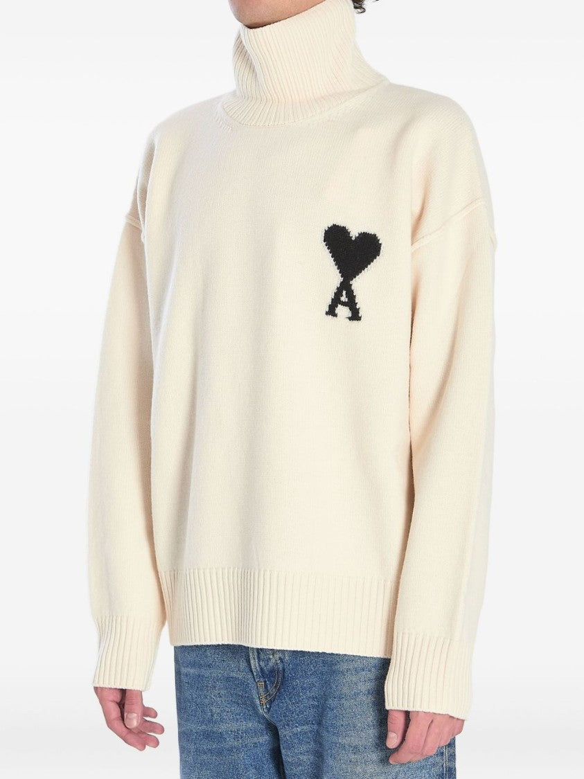 Ami White Turtleneck Sweater With Heart Motif