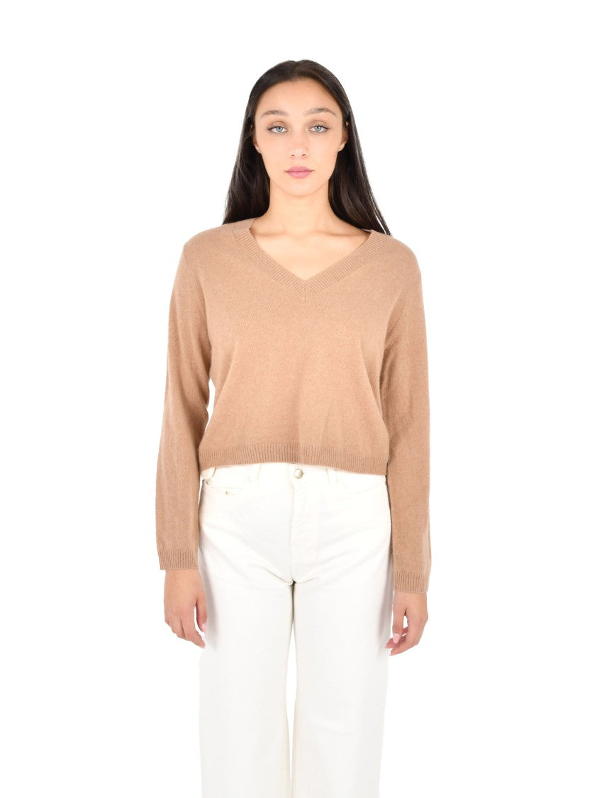 Pennyblack Camel V-Neck Pullover Sweater With Ribbed Trims