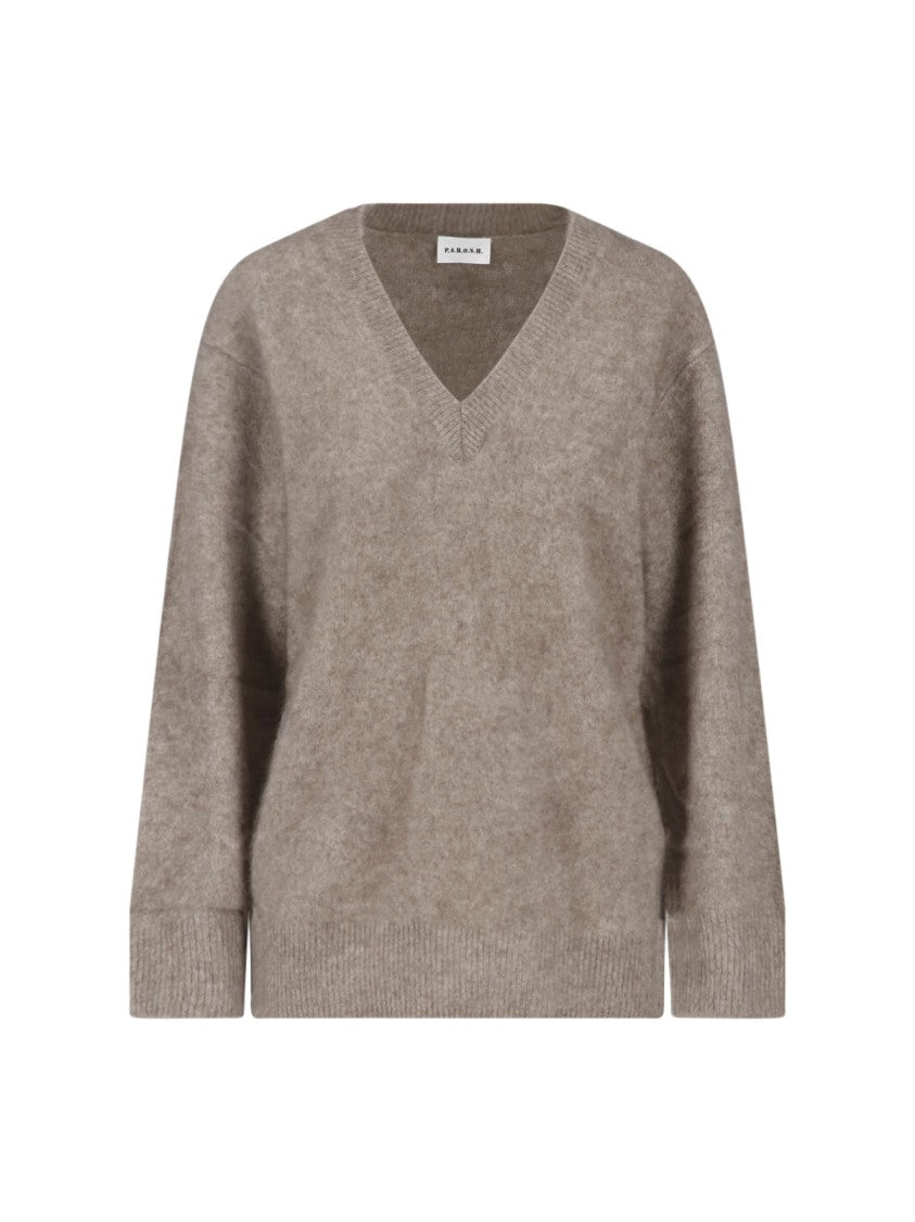 Parosh Beige Relaxed V-Neck Wool Sweater
