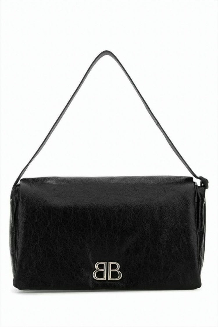 Balenciaga Minimalist Black Calf Leather Shoulder Bag With Metallic Emblem
