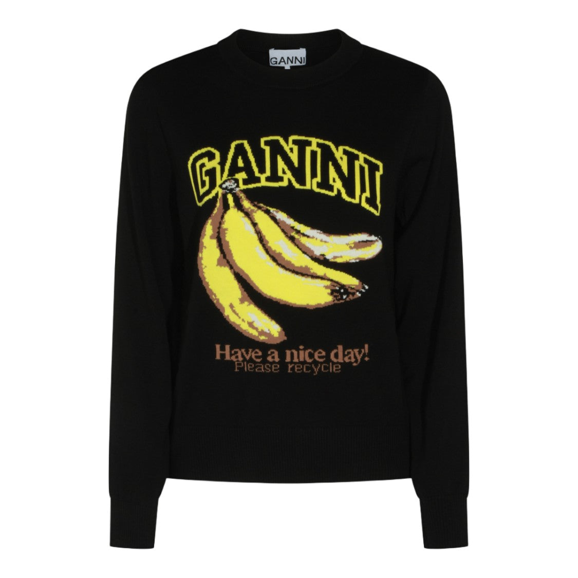 Ganni Graphic Black Sweater With Banana Motif And Recycled Message