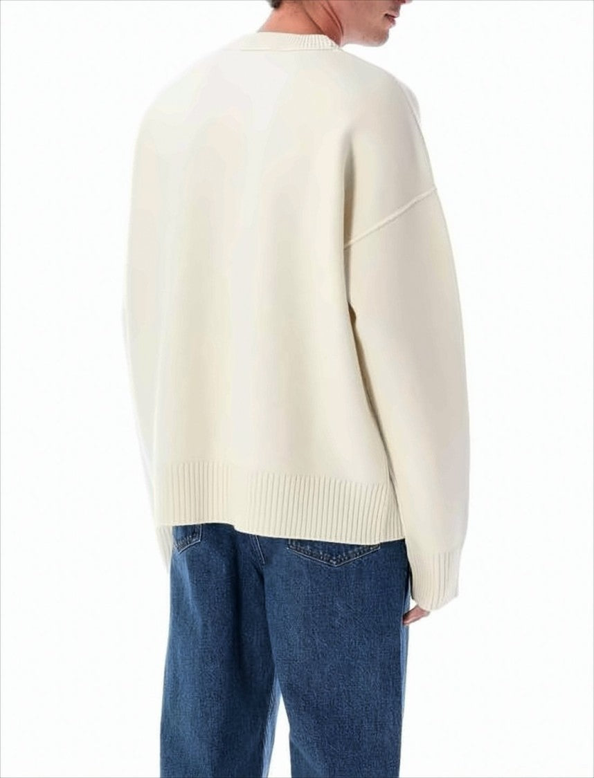 Ami Relaxed Fit Off-White Wool Sweater With Signature Heart