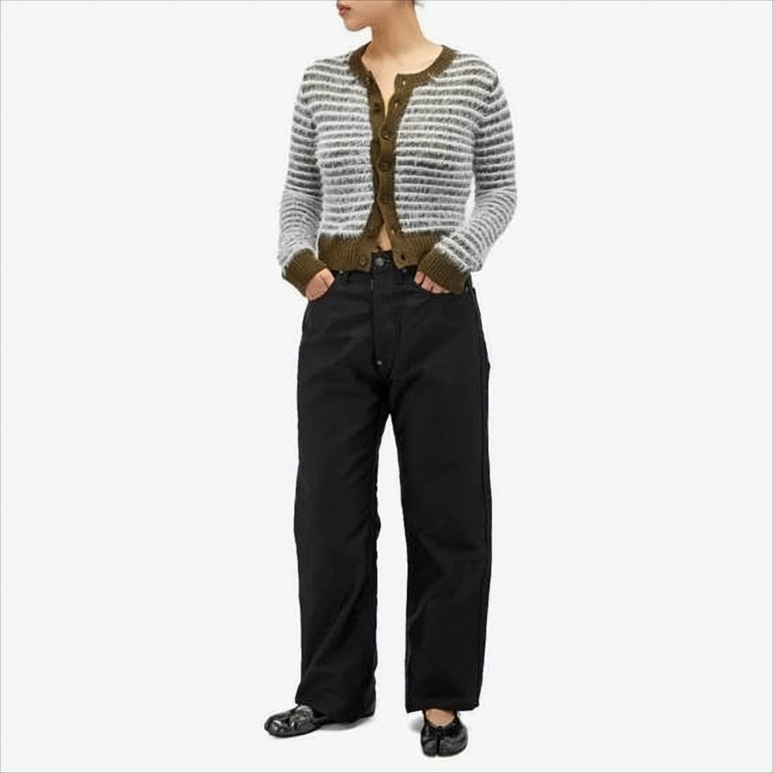 Mm6 By Maison Margiela Fuzzy Knit Cardigan With Textured Stripes And Button-Down Front