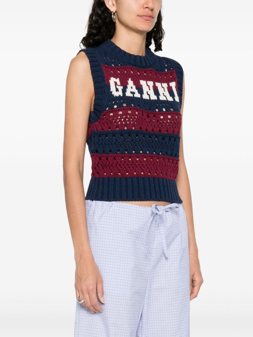 Ganni Striped Organic Cotton Knitted Vest With Intarsia Logo