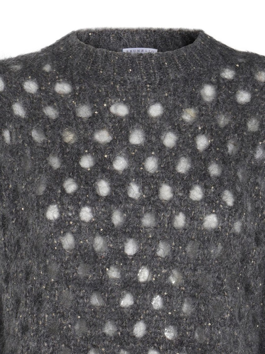 Brunello Cucinelli Open-Knit Grey Sweater With Metallic Threads