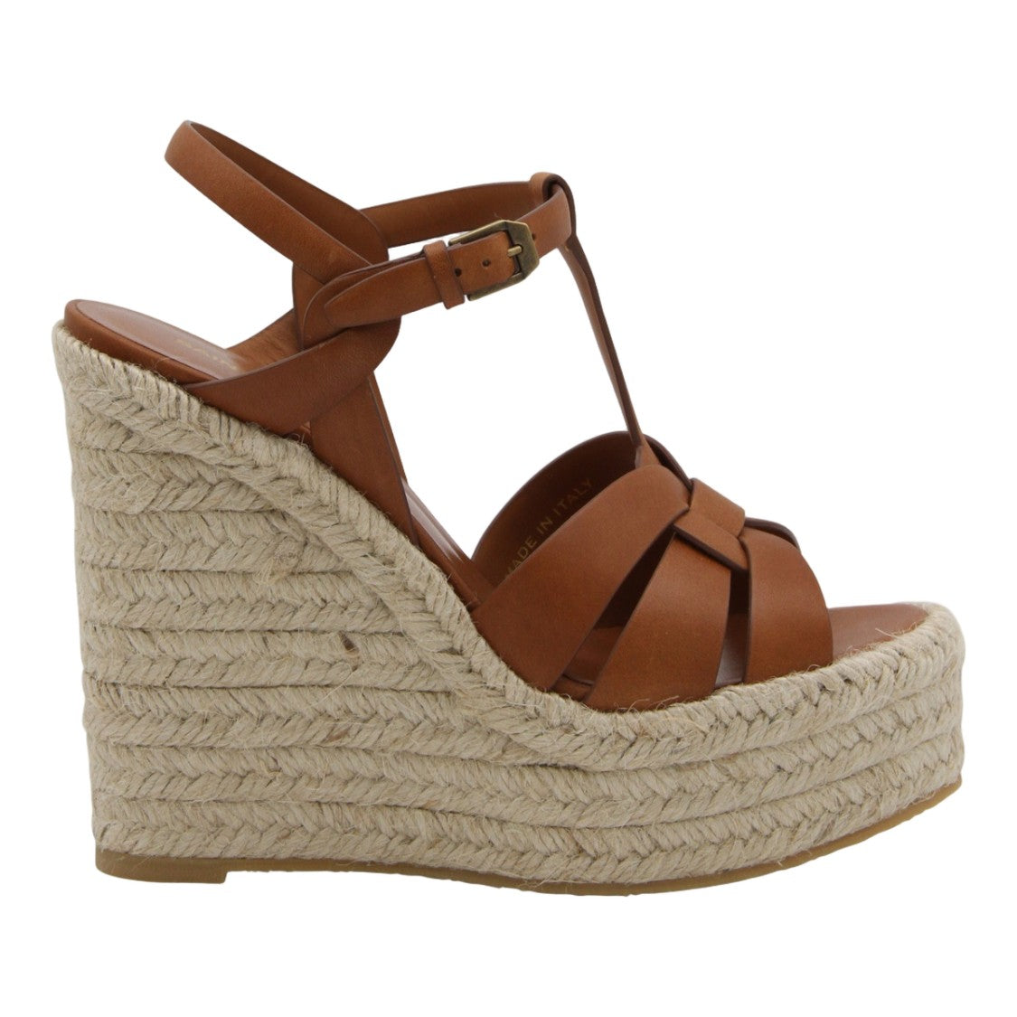 Saint Laurent Braided Jute Wedge Sandals With T-Strap Design