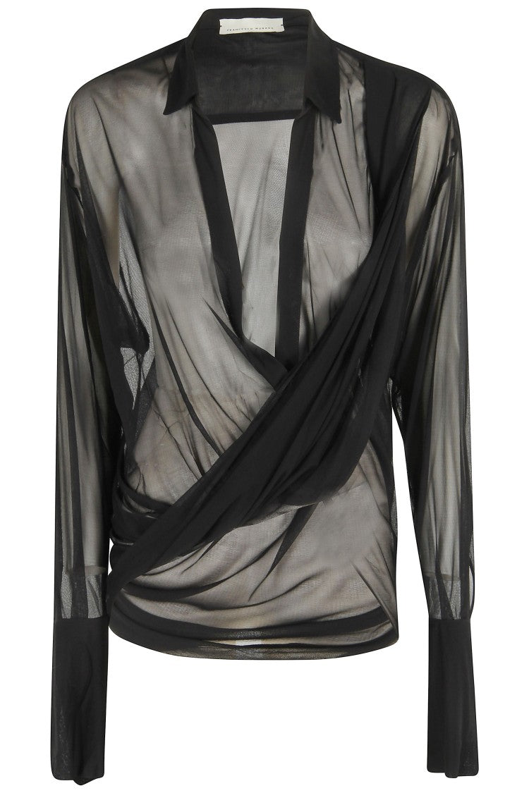 Francesco Murano Sheer Black Draped Long-Sleeve Shirt