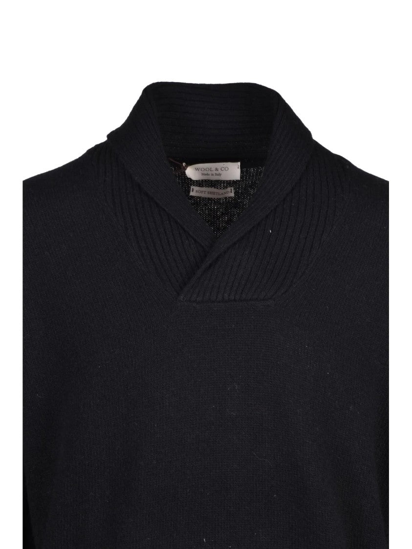 Wool & Co Black Ribbed Shawl Collar Wool Pullover