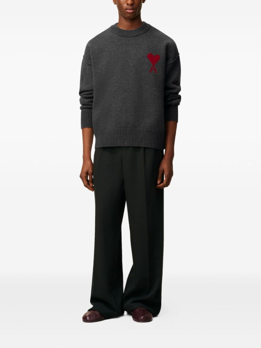 Ami Paris Grey Heart Emblem Silk-Blend Sweater