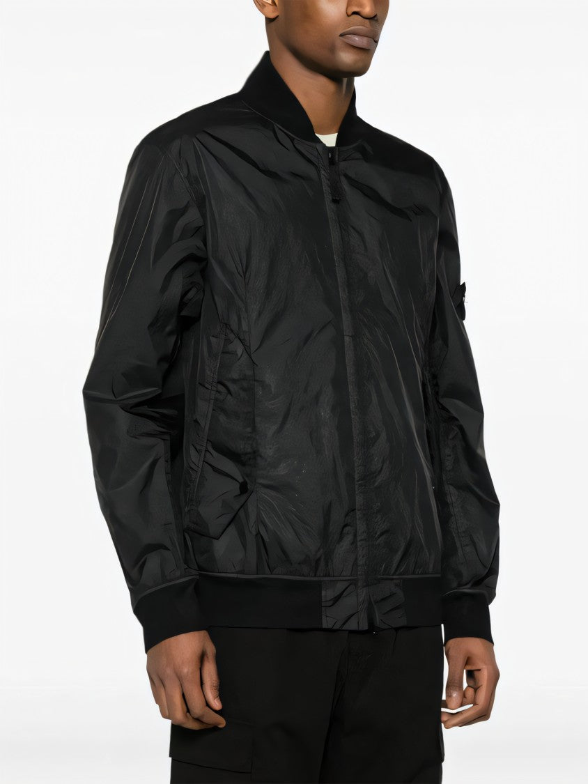 Stone Island Black Leather Jacket With Zip Front And Logo Patch