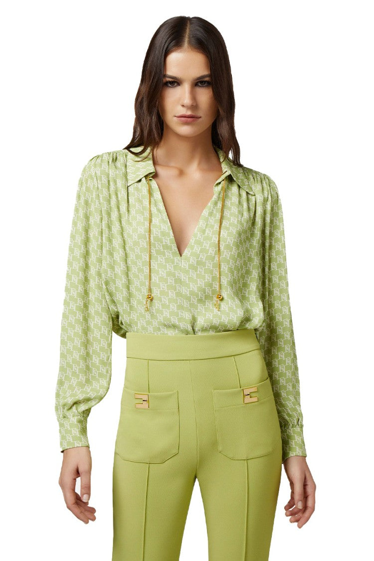 Elisabetta Franchi Light Green Blouse Geometric Pattern Chain