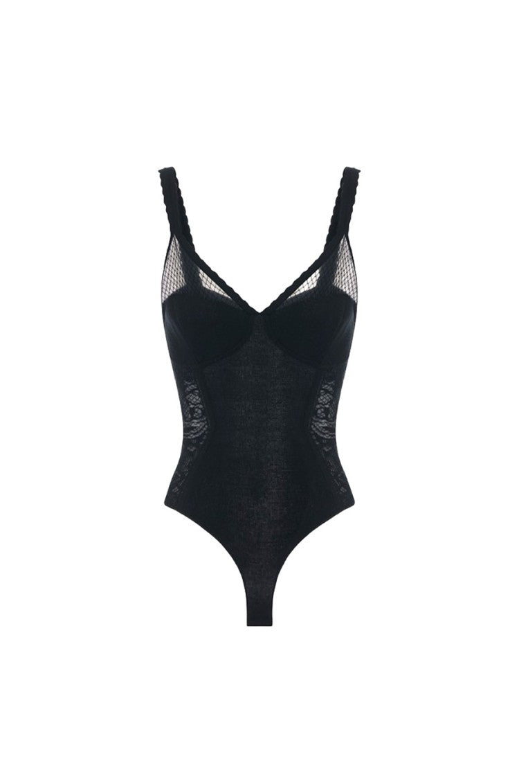 Elisabetta Franchi Black Underwire Sheer Lace Panels Viscose-Blend Bodysuit